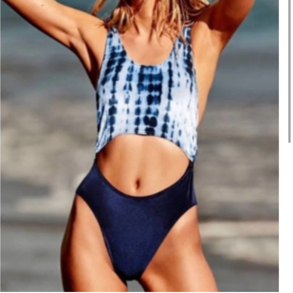 PINK Victoria's Secret Blue Velvet One Piece Peekaboo Swim Suit Small tie dye s